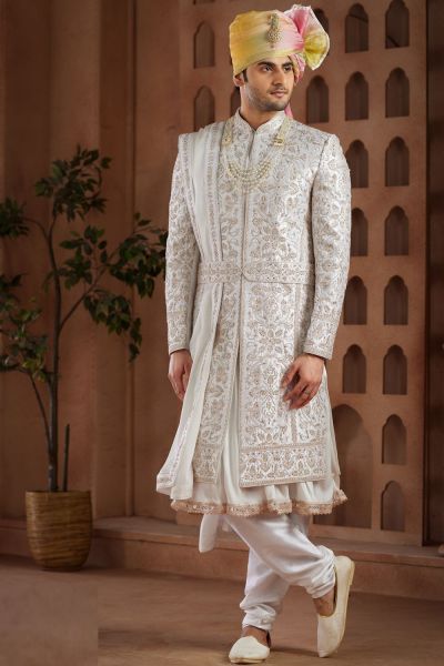 Off White Art Silk Mens Sherwani (NMK-7621)