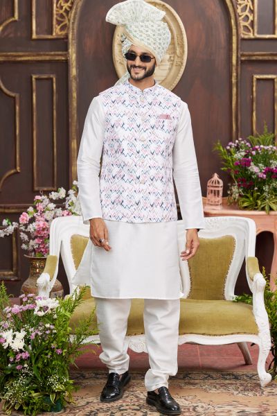 Off White Art Silk Nehru Jacket (NMK-7943)