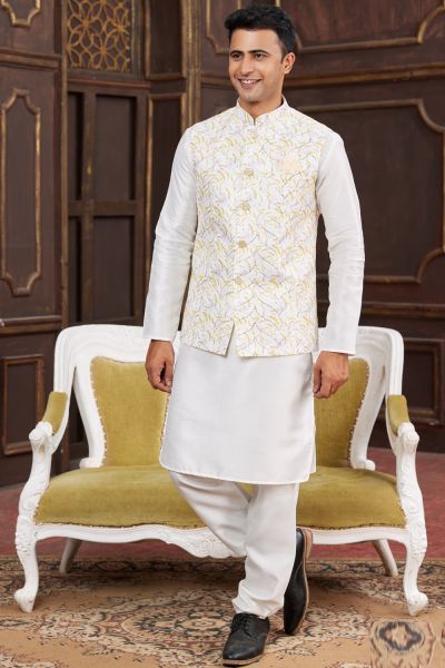 Off White Art Silk Nehru Jacket (NMK-7954)