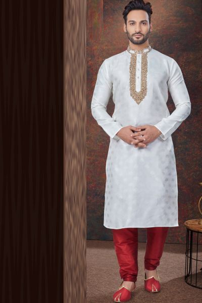 Off White Jaquard Kurta for Men (NMK-7836)