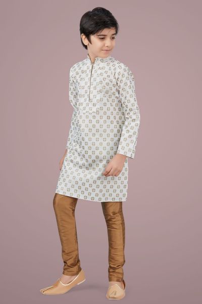 Off White Printed Cotton Silk Boys Kurta (NKK-703)