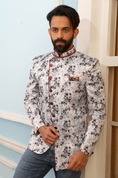 Off White Printed Silk Brocade Jodhpuri Jacket (NMK-4228)