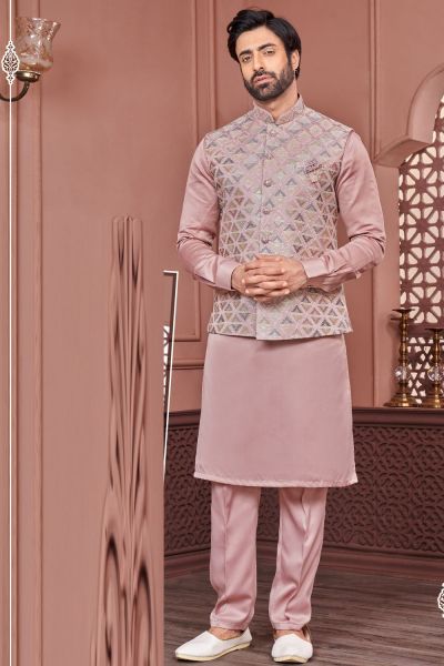 Onion Pink Art Banarasi Silk Nehru Jacket (NMK-7419)