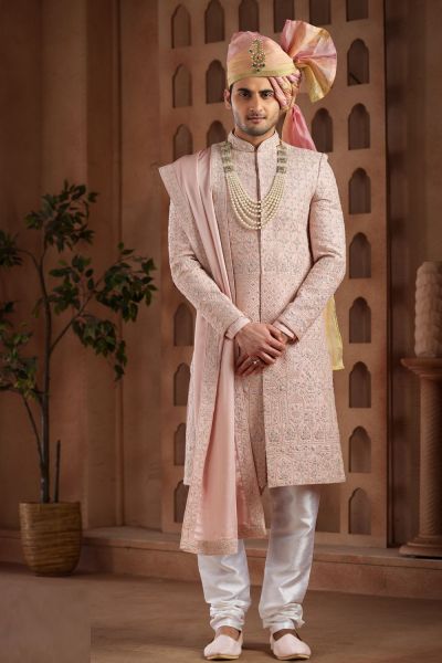 Onion Pink Art Silk Grooms Sherwani (NMK-7627)