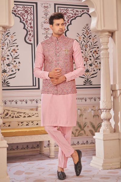 Onion Pink Art Silk Mens Nehru Jacket (NMK-7980)