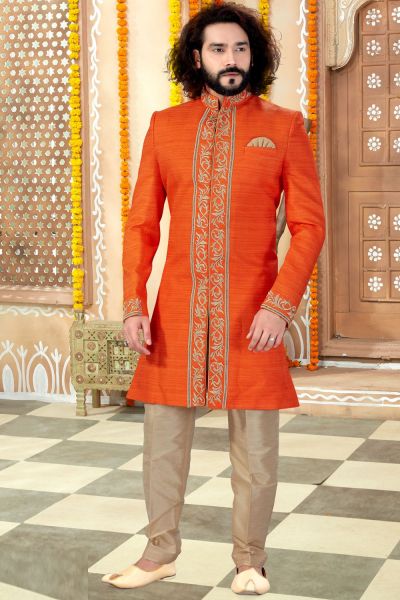 Orange Banglori Silk Sherwani (NMK-4301)