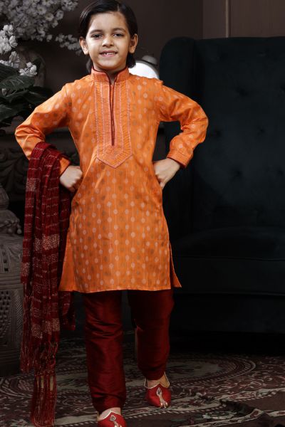 Orange Cotton Printed Boys Kurta (NKK-756)