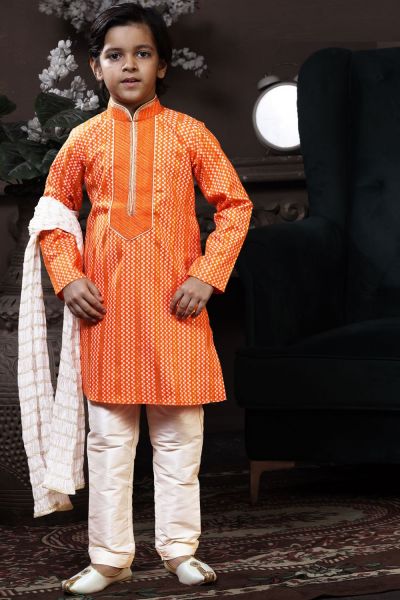 Orange Cotton Printed Boys Kurta Pajama (NKK-747)