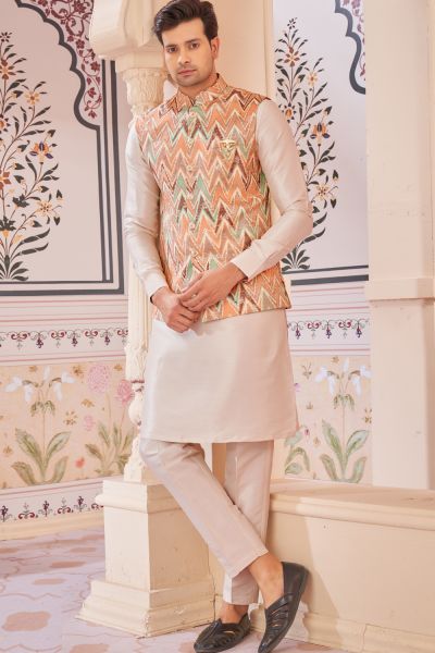 Orange Jaquard Semi Silk Brocade Nehru Jacket (NMK-8039)