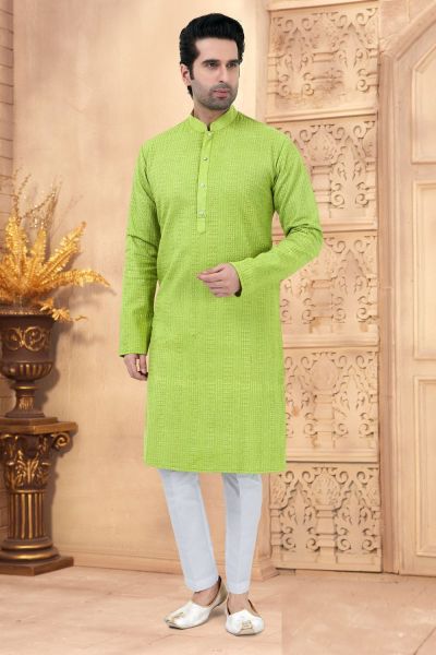 Parrot Green Cotton Kurtas for Men (NMK-5771)