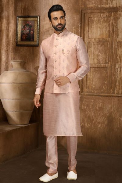 Peach Art Banarasi Silk Jacket Kurta (NMK-6326)