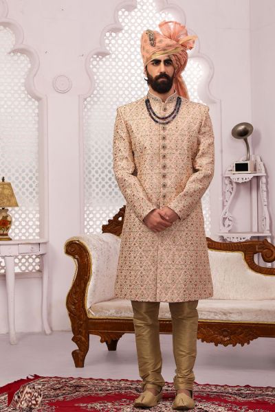 Peach Art Banarasi Silk Mens Sherwani (NMK-5539)