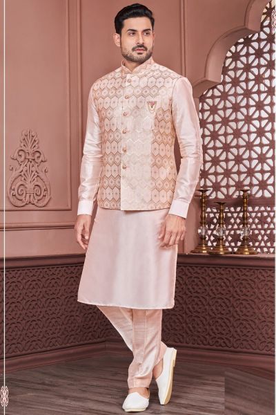 Peach Art Banarasi Silk Nehru Jacket (NMK-7401)