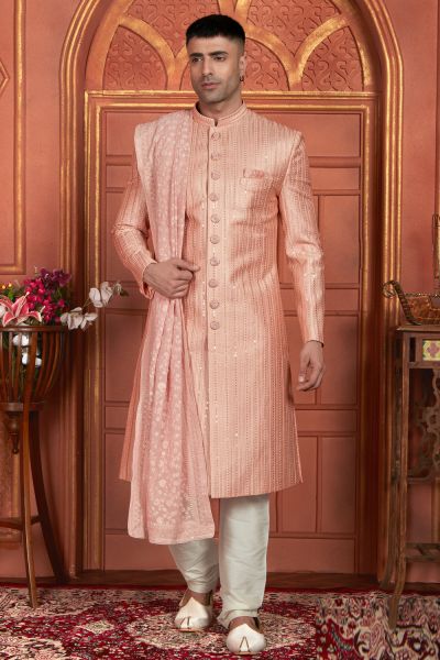 Peach Art Silk Indian Sherwani (NMK-7889)