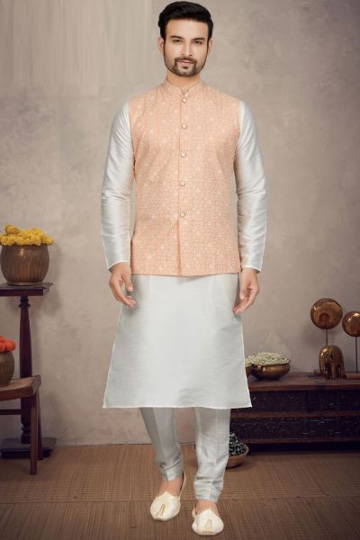 Peach Art Silk Mens Nehru Jacket (NMK-6962)