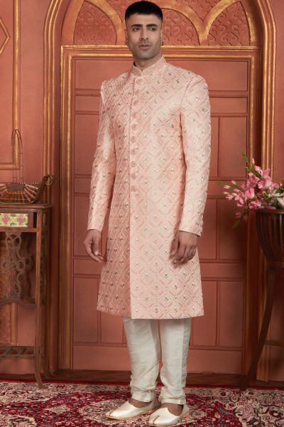 Peach Art Silk Sherwani for Men (NMK-7900)