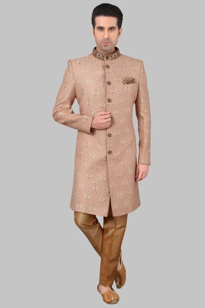 Peach Banarasi Brocade Mens Sherwani (NMK-5252)