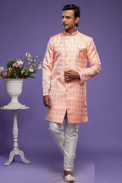 Peach Banarasi Jaquard Indo Western for Men (NMK-6998)