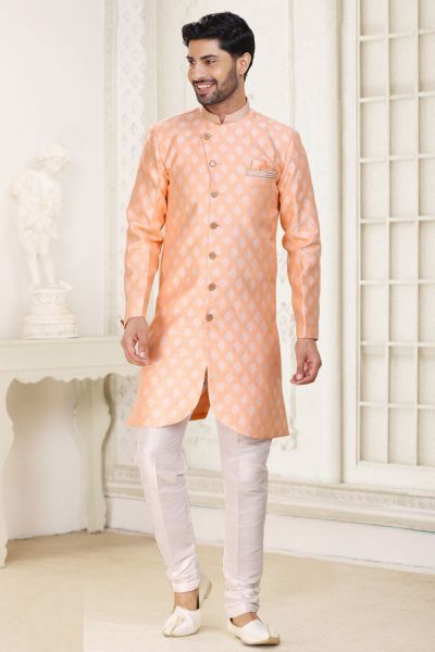 Peach Banarasi Jaquard Mens Indo Western (NMK-6896)