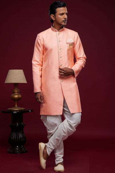 Peach Banarasi Jaquard Mens Indo Western (NMK-6986)