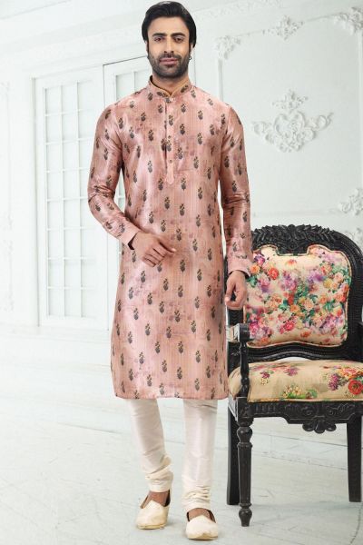 Peach Banarasi Silk Kurtas for Men (NMK-6704)