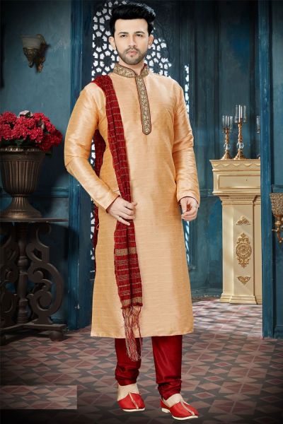 Peach Chanderi Jaquard Designer Kurta Pajama (NMK-3824)