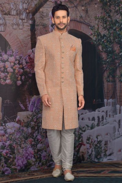 Peach Georgette Lucknowi Sherwani (NMK-4767)