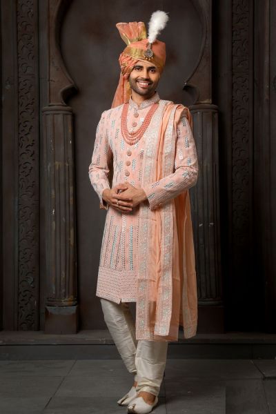 Peach Georgette Wedding Sherwani (NMK-6230)