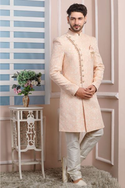 Peach Imported Jaquard Silk Indo Western (NMK-6167)