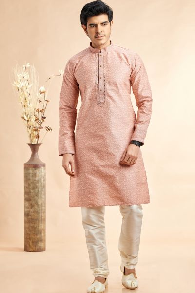 Peach Jaquard Art Silk Kurta for Men (NMK-7911)