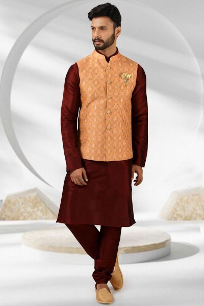 Peach Jaquard Banarasi Silk Nehru Jacket (NMK-5867)