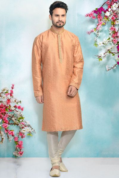 Peach Jaquard Kurta Pajama for Men (NMK-4896)