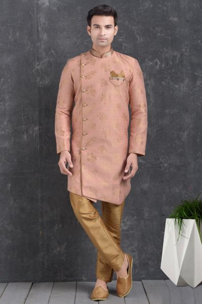 Peach Jaquard Silk Brocade Indo Western Kurta for Men (NMK-5012)