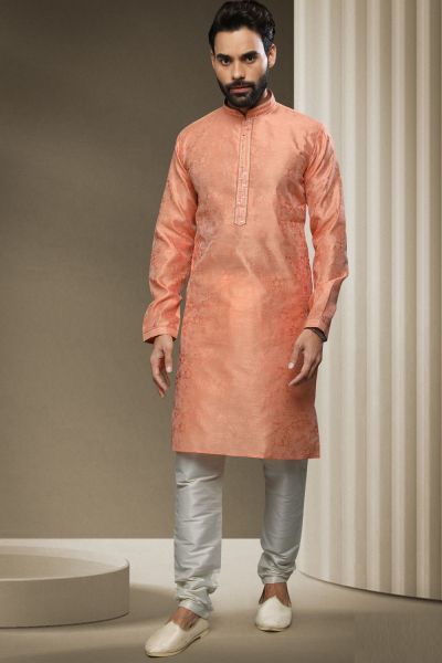 Peach Jaquard Silk Brocade Kurta Pajama (NMK-5938)