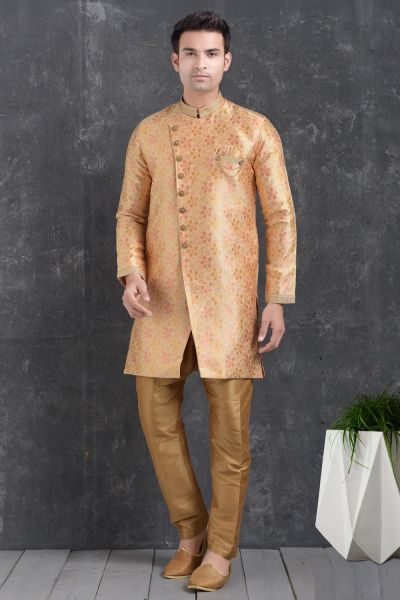 Peach Jaquard Silk Brocade Men Indo Western Kurta (NMK-5022)