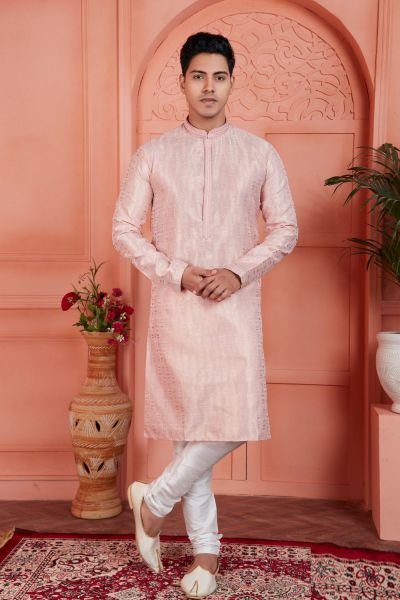 Peach Jaquard Silk Brocade Mens Kurta (NMK-7754)