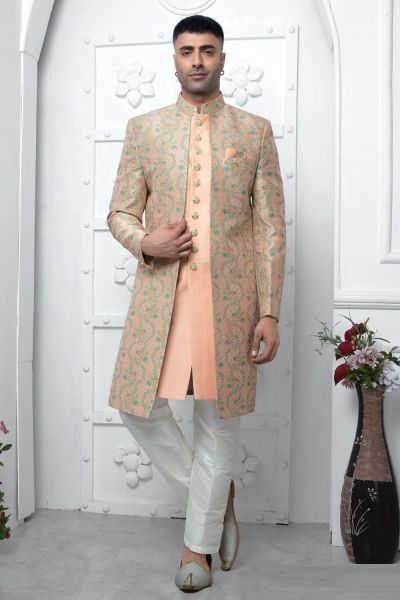 Peach Jaquard Silk Mens Indo Western (NMK-7177)