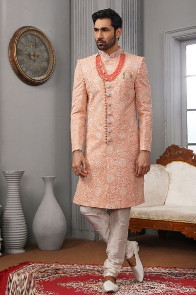 Peach Lucknowi Embroidered Sherwani (NMK-5561)