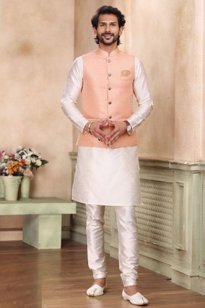 Peach Pink Silk Printed Nehru Jacket (NMK-6917)