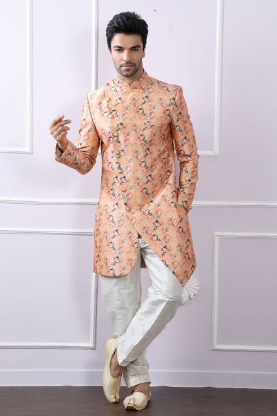 Peach Silk Floral Printed Indo Western Kurta (NMK-4096)