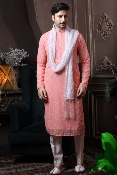 Peach Silk Mens Kurta Pajama (NMK-6051)