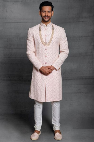 Peach Silk Wedding Sherwani (NMK-5478 )