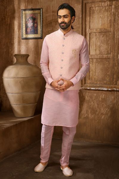 Pink Art Banarasi Silk Mens Nehru Jacket (NMK-6309)