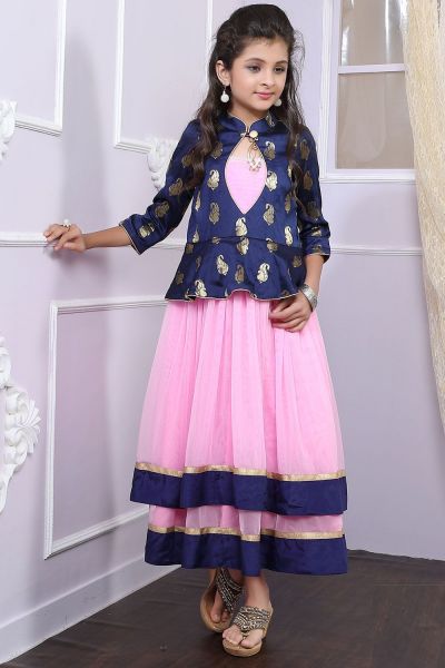 Pink, Blue Net, Brocade Girls Gown (NFG-195)