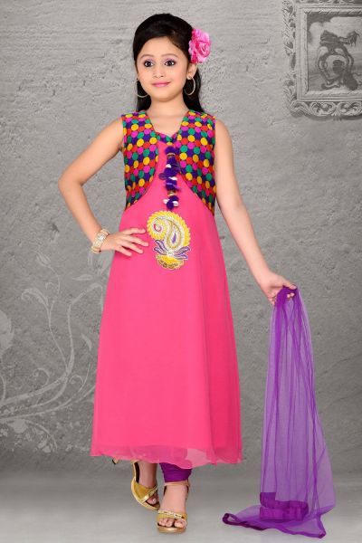 Pink Chiffon Salwar Kameez for Kids (NFG-049)