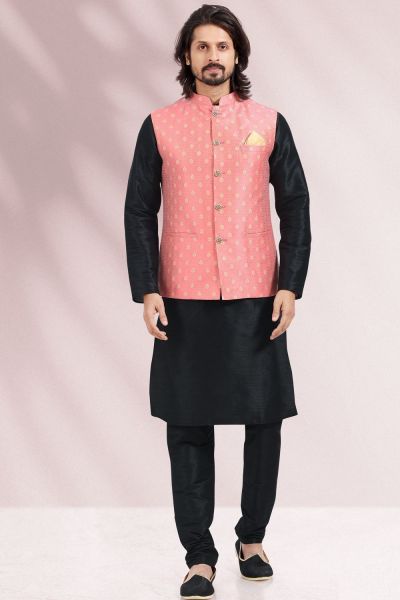 Pink Jaquard Banarasi Silk Nehru Jacket (NMK-6684)