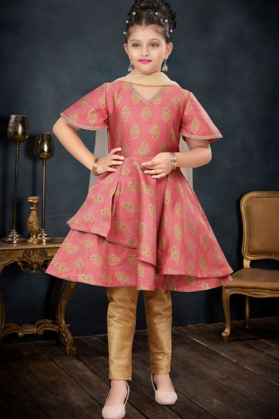 Pink Jaquard Girls Salwar Kameez (NFG-263)