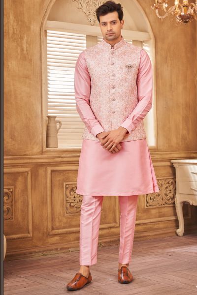 Pink Jaquard Semi Silk Brocade Nehru Jacket (NMK-8054)