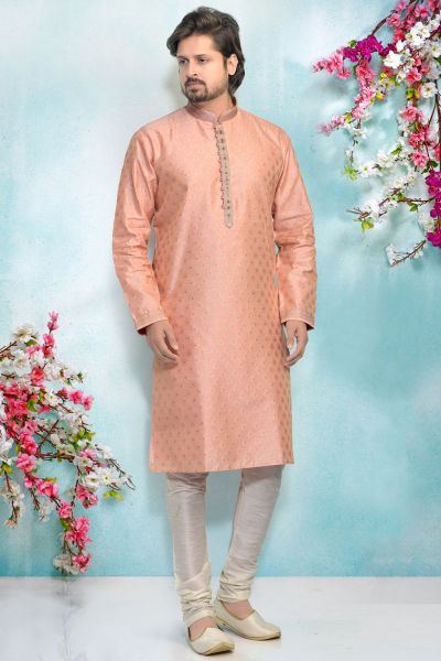 Pink Jaquard Silk Brocade Kurta Pajama (NMK-4878)