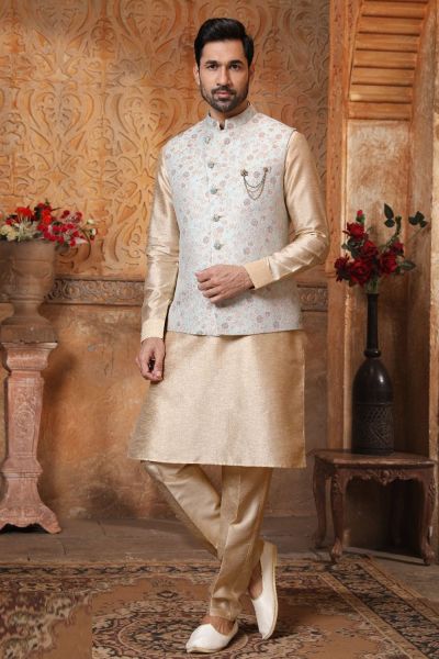 Pista, Dark Gold Art Banarasi Silk Nehru Jacket (NMK-5645)